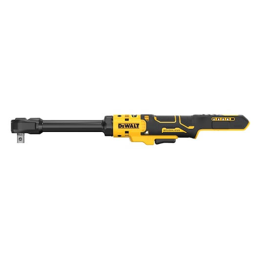 A DEWALT brushless cordless ratchet tool, shown in a side profile. The tool is predominantly yellow and black with a long handle and a square drive head.