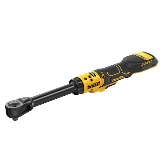 DEWALT cordless ratchet tool with a black and yellow ergonomic handle, featuring a brushless motor and extended neck.