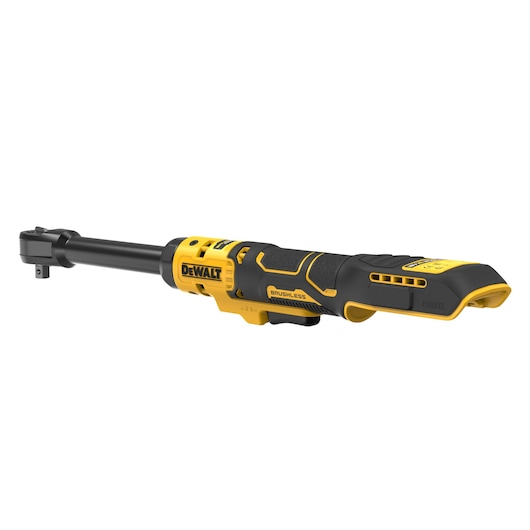 A DEWALT-branded cordless brushless ratchet tool with a long black and yellow handle, featuring ergonomic grip and compact design.