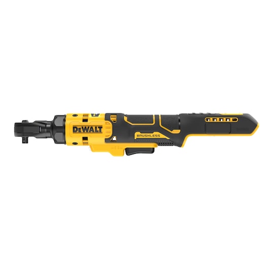 A DeWalt brushless cordless ratchet tool with a yellow and black body, shown in a side view.
