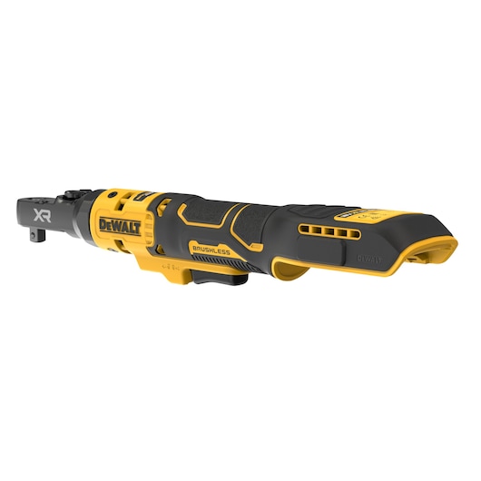 A DEWALT brushless cordless ratchet tool with black and yellow design, featuring the XR logo on the head. The product is photographed against a white background.