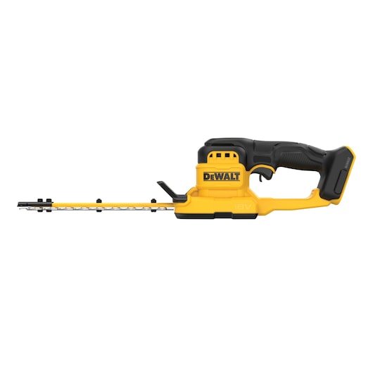 A yellow and black cordless hedge trimmer with the DEWALT logo, featuring an ergonomic handle and an 18V lithium-ion battery design.