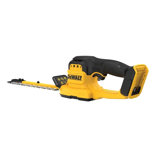 A yellow and black DEWALT cordless hedge trimmer with an ergonomic handle and a visible blade attachment. The tool is designed for trimming hedges and bushes and does not have a battery attached.
