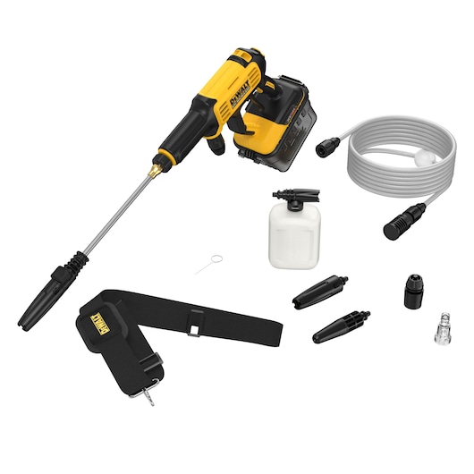 A DEWALT cordless power washer kit with a yellow and black pressure washer, hose, detergent bottle, spray lance, shoulder strap, several nozzle attachments, and connector accessories arranged on a white background.